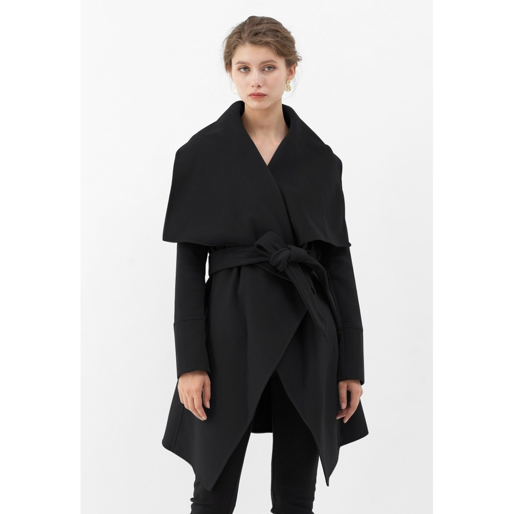 Chicwish Black Wool Blend Shawl Collar Belted Wrap Coat XS - Picture 10 of 11